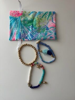 Lilly Pul Multicolor Beaded Bracelet Set with Gold Accent - Blue, Teal & White